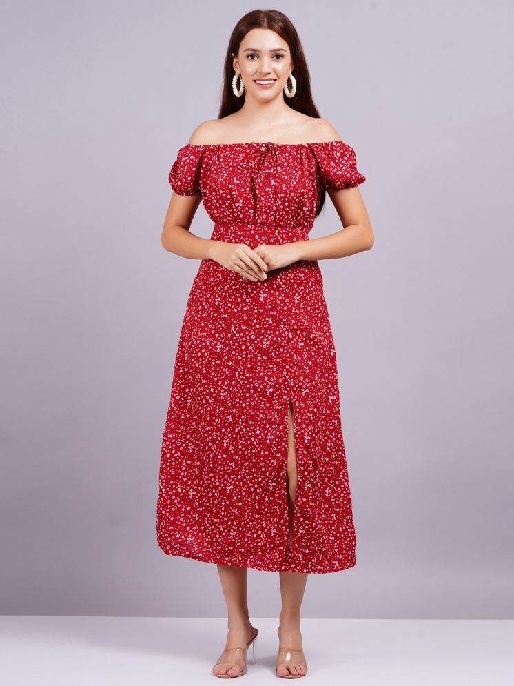     			HIGHLIGHT FASHION EXPORT Crepe Printed Midi Women's Fit & Flare Dress - Red ( Pack of 1 )