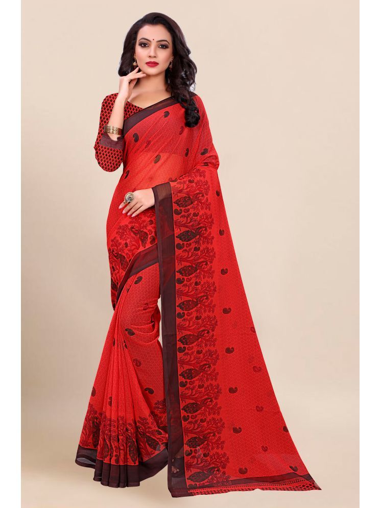     			INDIAN SILKS Georgette Printed Saree With Blouse Piece - Red ( Pack of 1 )