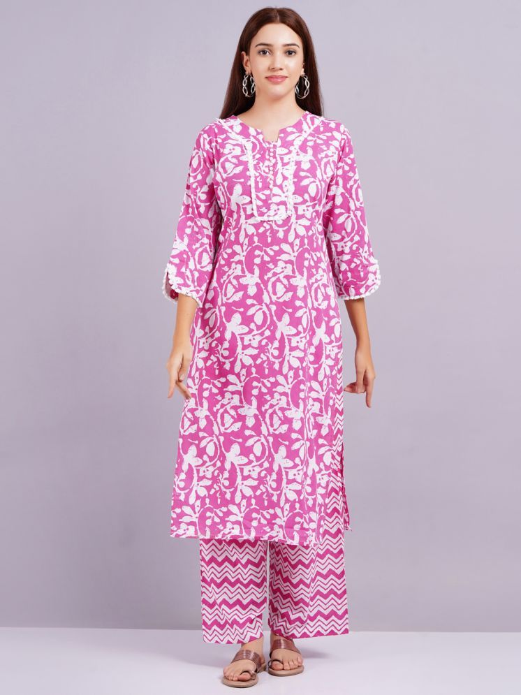     			JAI SHIVAM TRADERS Cotton Printed Kurti With Pants Women's Stitched Salwar Suit - Pink ( Pack of 1 )