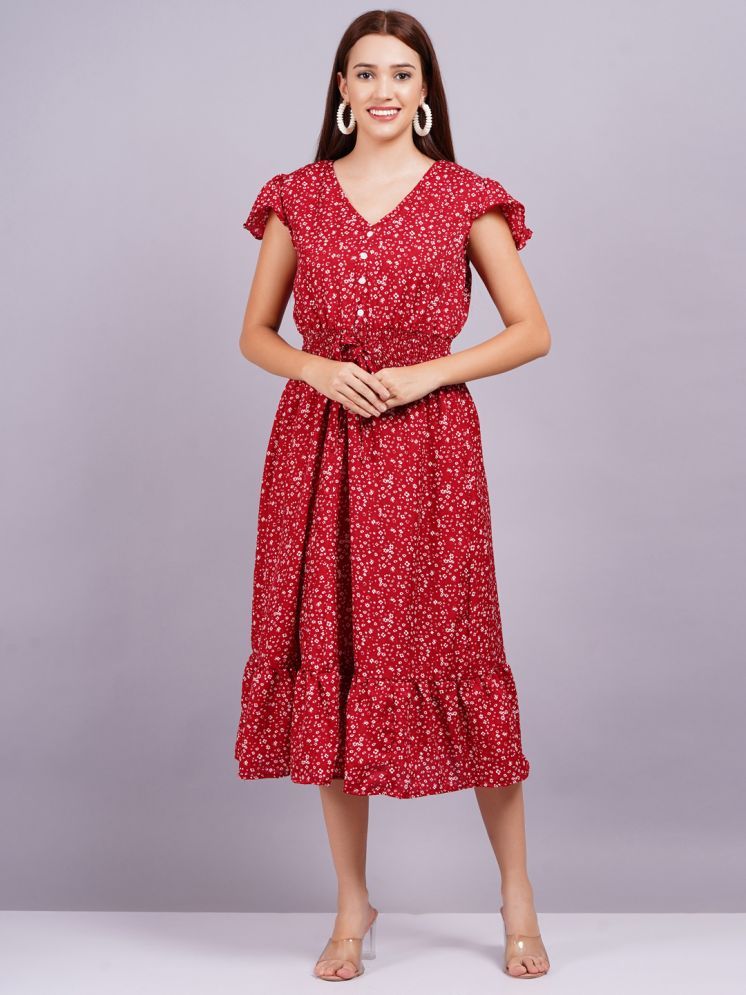     			JAI SHIVAM TRADERS Crepe Printed Midi Women's Fit & Flare Dress - Red ( Pack of 1 )