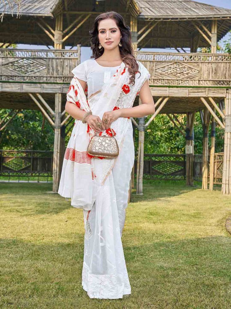     			KRIMMPLE Cotton Blend Printed Saree With Blouse Piece - White ( Pack of 1 )