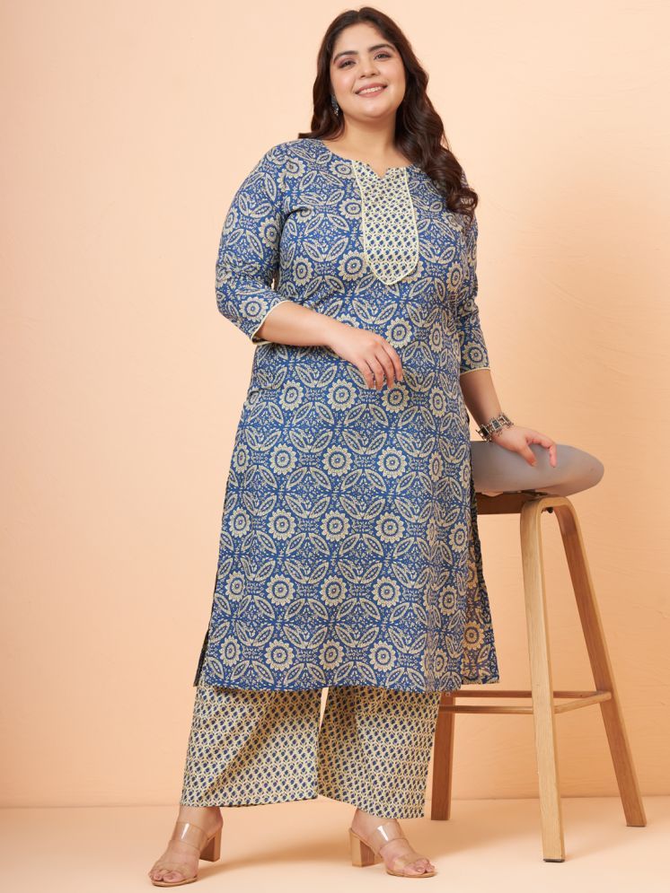     			Tissu Cotton Printed Kurti With Palazzo Women's Stitched Salwar Suit - Blue ( Pack of 1 )