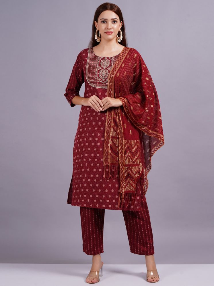     			JAI SHIVAM TRADERS Silk Printed Kurti With Pants Women's Stitched Salwar Suit - Maroon ( Pack of 1 )