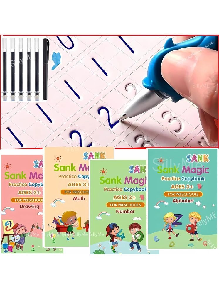     			Sank Magic Practice Copybook, (4 BOOK + 10 REFILL+ 2 Pen +2 Grip) Number Tracing Book for Preschoolers with Pen, Magic Calligraphy Copybook Set Practical Reusable Writing Tool Simple Hand Lettering