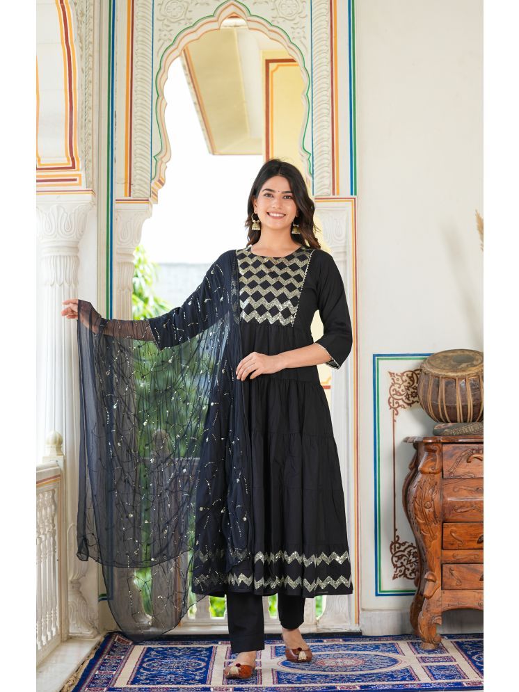     			Yash Gallery Cotton Embellished Kurti With Pants Women's Stitched Salwar Suit - Black ( Pack of 1 )