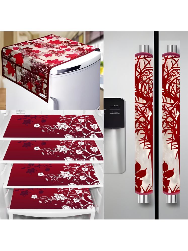     			Crosmo Polyester Floral Fridge Mat & Cover ( 99 53 ) Pack Of 7 - Red