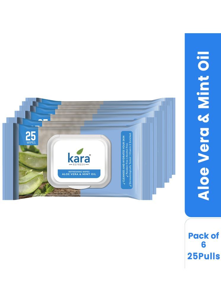     			Kara Refreshing Aloe Vera & Mint Oil Facial Wet Wipes ( 25 Pcs ) Pack of 6