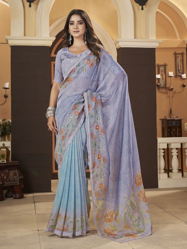     			Rekha Maniyar Organza Printed Saree With Blouse Piece - Lavender ( Pack of 1 )