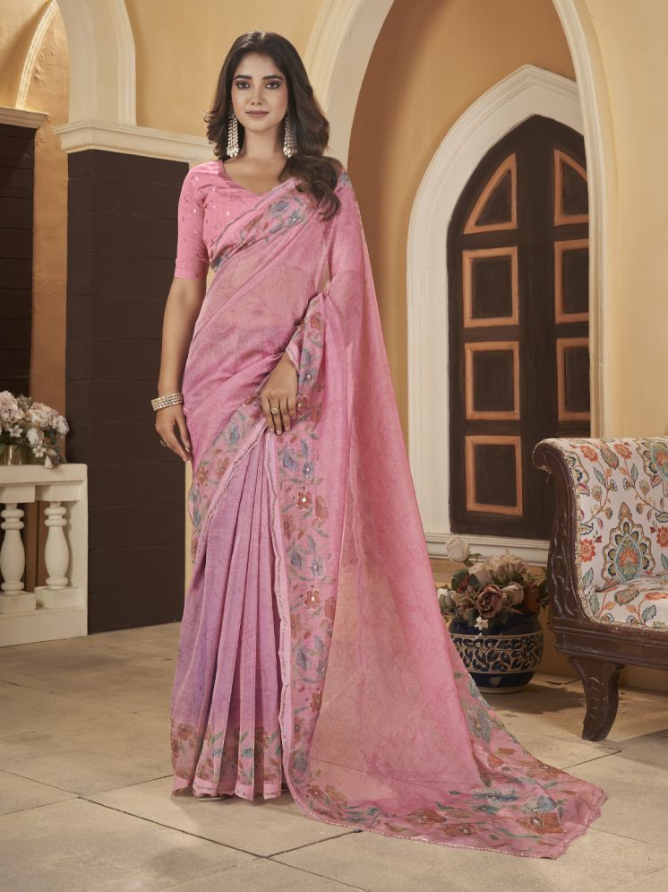     			Rekha Maniyar Organza Printed Saree With Blouse Piece - Pink ( Pack of 1 )