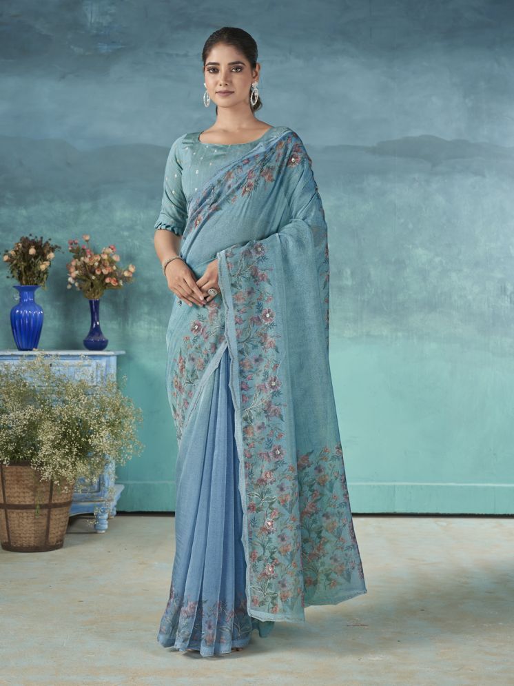     			Rekha Maniyar Organza Printed Saree With Blouse Piece - Turquoise ( Pack of 1 )