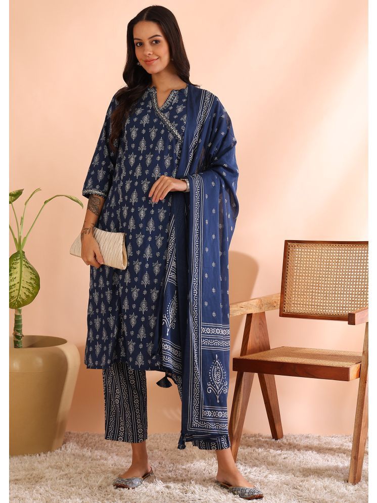     			Yash Gallery Cotton Printed Kurti With Pants Women's Stitched Salwar Suit - Blue ( Pack of 1 )