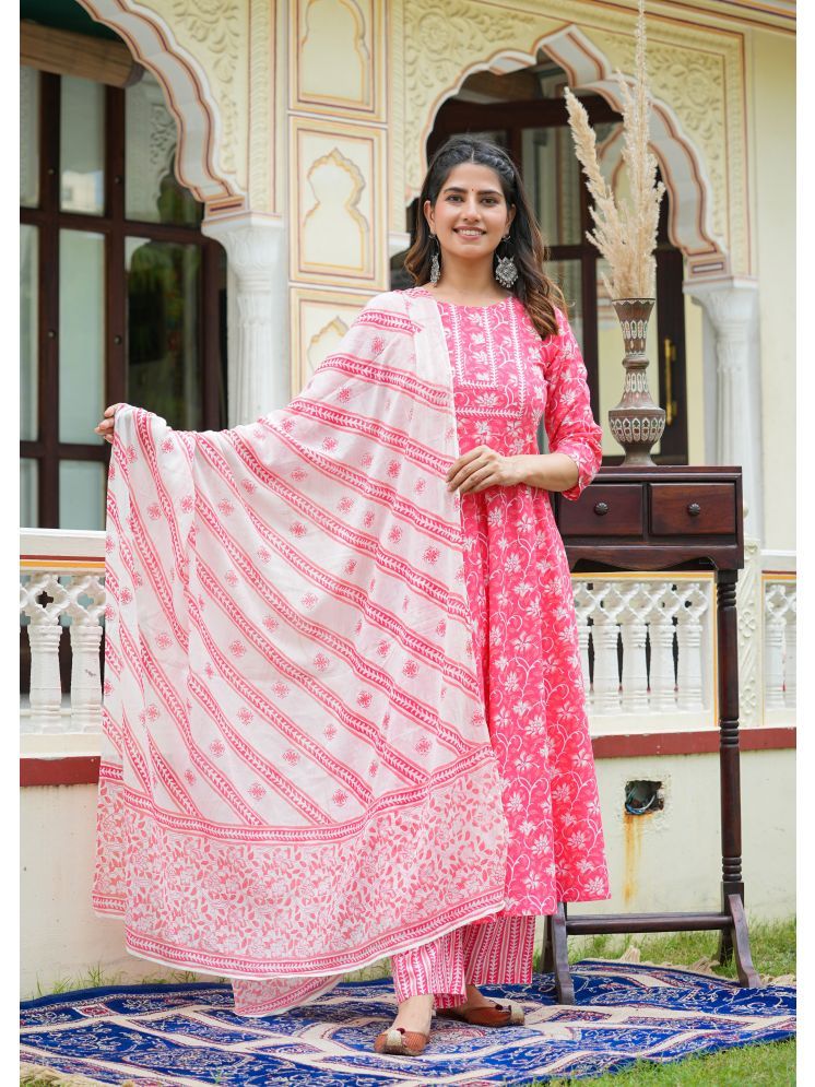     			Yash Gallery Cotton Printed Kurti With Pants Women's Stitched Salwar Suit - Pink ( Pack of 1 )