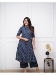 HILORY Cotton Printed Kurti With Pants Women's Stitched Salwar Suit - Navy Blue ( Pack of 1 )