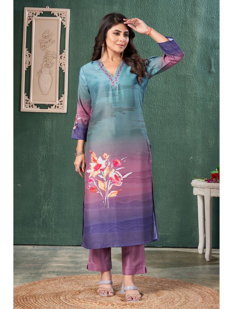     			MOJILAA Silk Blend Printed Kurti With Pants Women's Stitched Salwar Suit - Teal ( Pack of 1 )