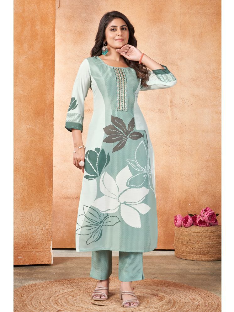     			MOJILAA Silk Blend Printed Kurti With Pants Women's Stitched Salwar Suit - Green ( Pack of 1 )