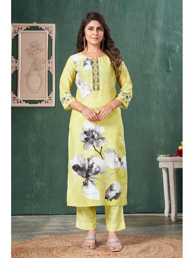     			MOJILAA Silk Blend Printed Kurti With Pants Women's Stitched Salwar Suit - Yellow ( Pack of 1 )