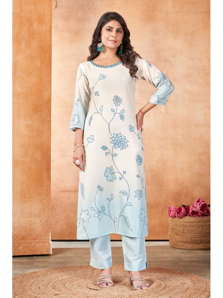     			MOJILAA Silk Blend Printed Kurti With Pants Women's Stitched Salwar Suit - White ( Pack of 1 )