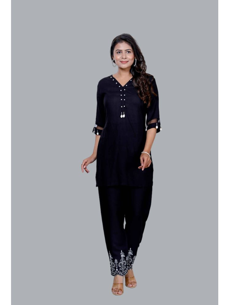     			miravan Rayon Embellished Kurti With Pants Women's Stitched Salwar Suit - Black ( Pack of 1 )