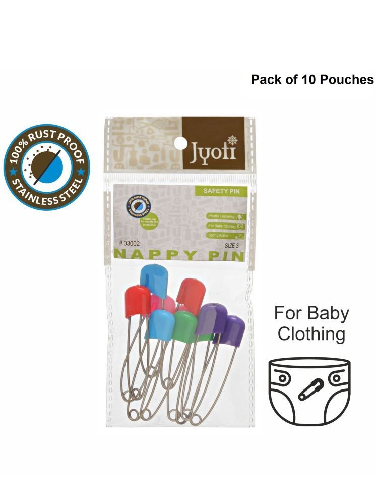     			Jyoti 33002 Safety Pins - Colored Finish Plastic + Steel Pins, Rust Resistant, Heavy Duty Variety Pack, Perfect for Clothes, Sewing, (10 Multicolored Plastic Head Pins in a Pouch) Size 3 - Pack of 10 Pouches