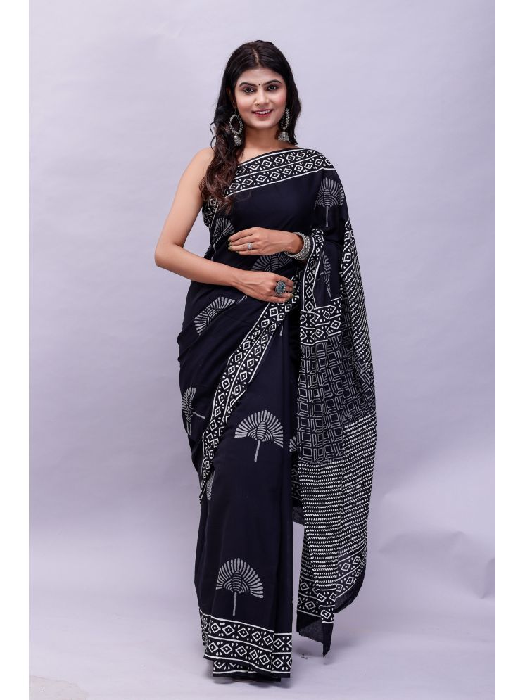     			NOITAERCPR Cotton Printed Saree With Blouse Piece - Black ( Pack of 1 )