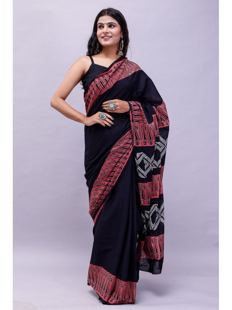     			NOITAERCPR Cotton Printed Saree With Blouse Piece - Black ( Pack of 1 )