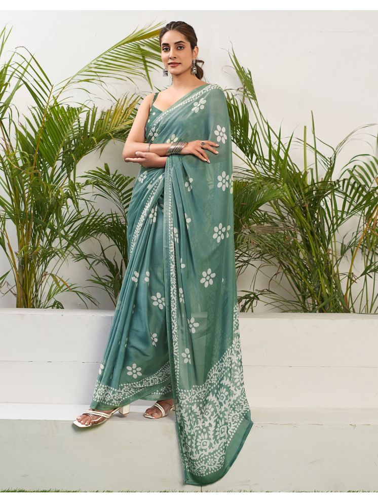     			Samah Chiffon Printed Saree With Blouse Piece - Green ( Pack of 1 )