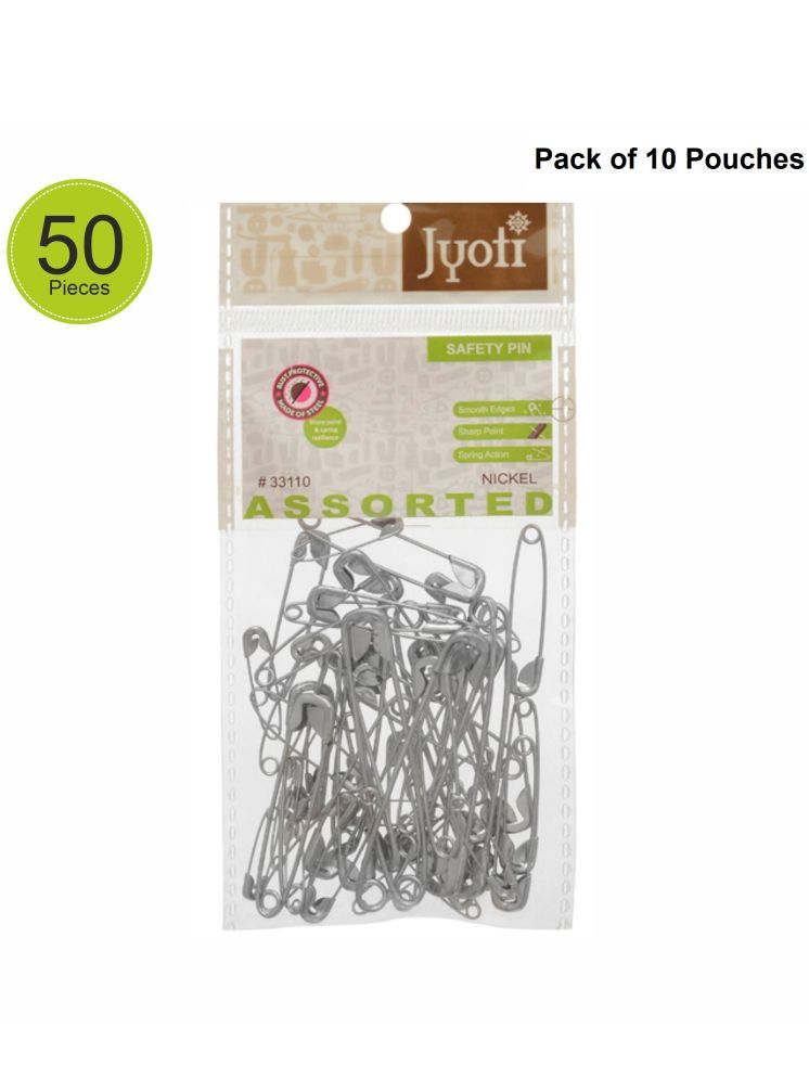     			Jyoti 33110 Safety Pins - Strong Nickel Plated Steel, Rust Resistant, Heavy Duty Variety Pack, Perfect for Clothes, Crafts, Sewing, Pinning (50 Assorted Pins Nickel Finish in a Pouch) - Pack of 10 Pouches