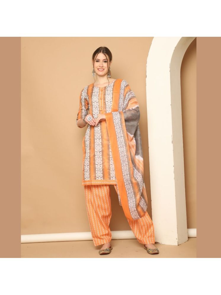     			wonder weave Cotton Blend Printed Kurti With Patiala Women's Stitched Salwar Suit - Orange ( Pack of 1 )