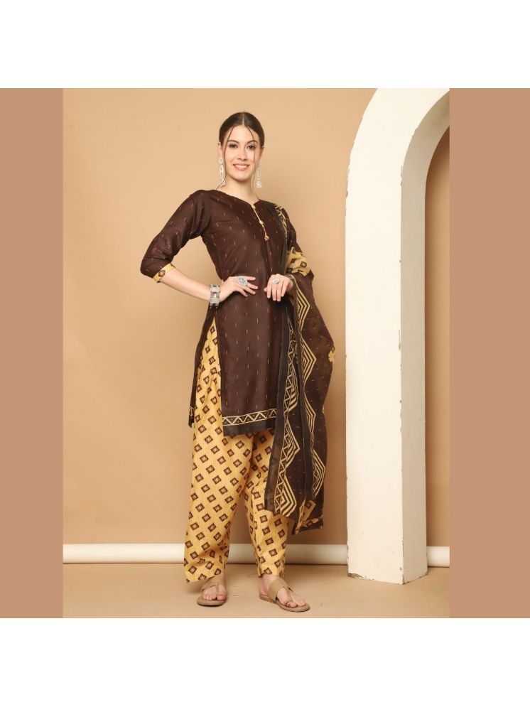     			wonder weave Cotton Blend Printed Kurti With Patiala Women's Stitched Salwar Suit - Brown ( Pack of 1 )