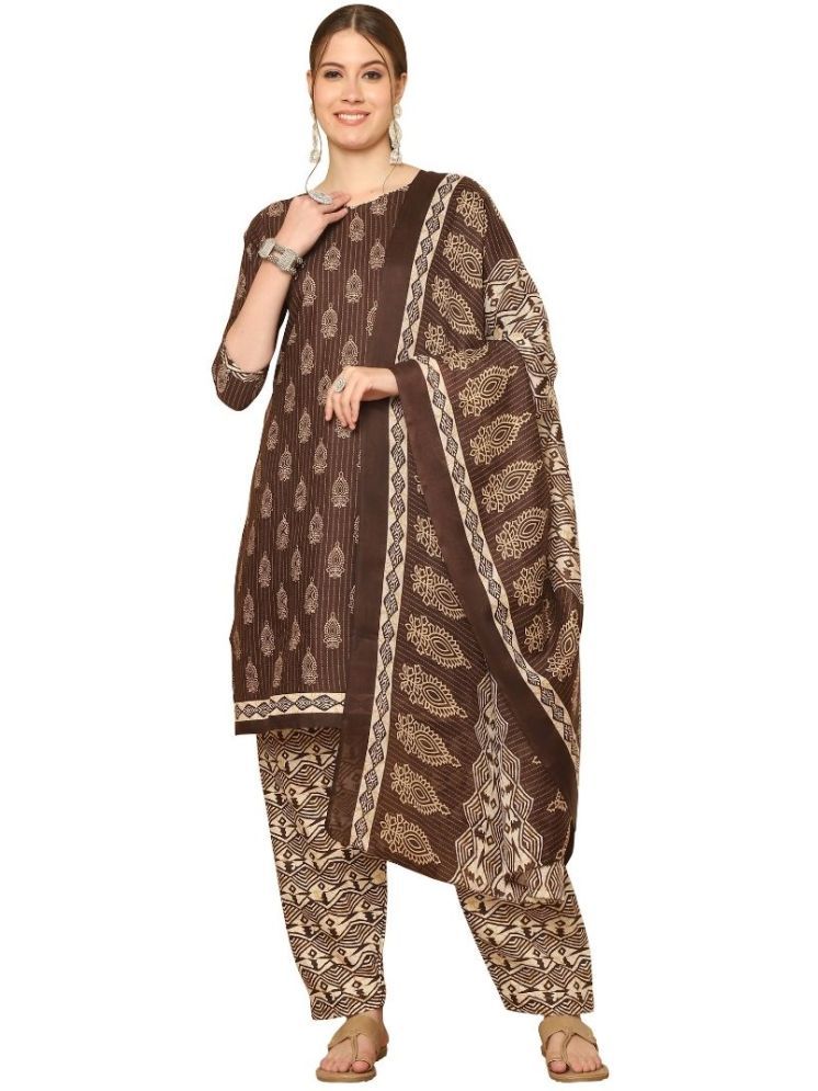     			wonder weave Cotton Blend Printed Kurti With Patiala Women's Stitched Salwar Suit - Brown ( Pack of 1 )