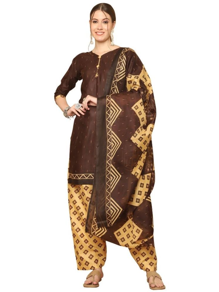     			wonder weave Cotton Blend Printed Kurti With Patiala Women's Stitched Salwar Suit - Brown ( Pack of 1 )