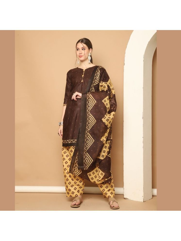     			wonder weave Cotton Blend Printed Kurti With Patiala Women's Stitched Salwar Suit - Brown ( Pack of 1 )