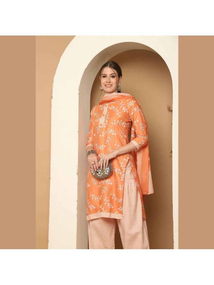     			wonder weave Cotton Blend Printed Kurti With Patiala Women's Stitched Salwar Suit - Orange ( Pack of 1 )