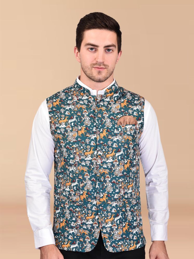     			BOWLIFESTYLE Blue Cotton Blend Men's Nehru Jacket ( Pack of 1 )