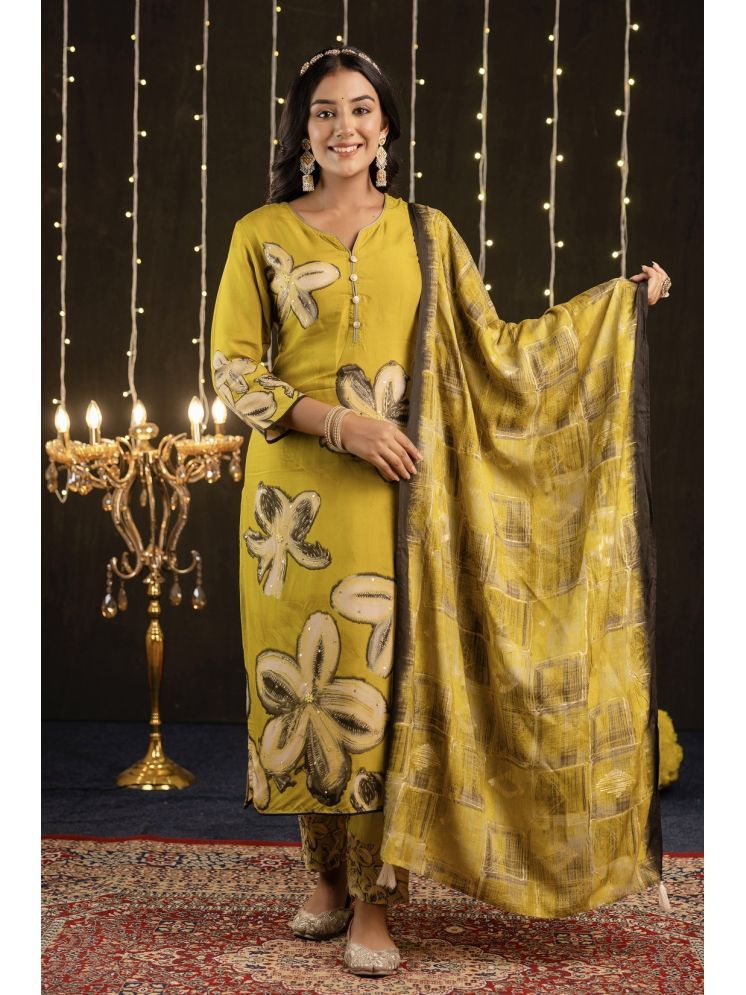     			Kohsh Silk Printed Kurti With Pants Women's Stitched Salwar Suit - Yellow ( Pack of 1 )