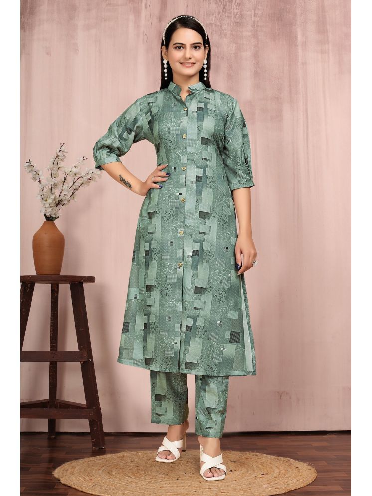     			A TO Z CART Cotton Blend Printed Kurti With Pants Women's Stitched Salwar Suit - Green ( Pack of 1 )