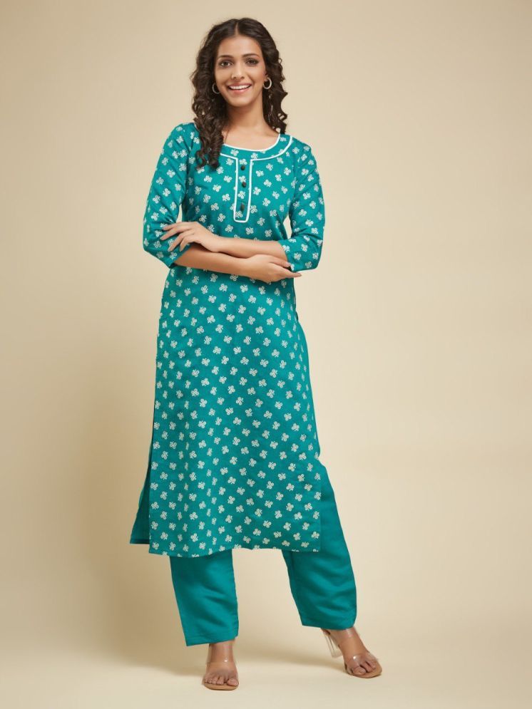     			A TO Z CART Rayon Printed Kurti With Pants Women's Stitched Salwar Suit - Teal ( Pack of 1 )