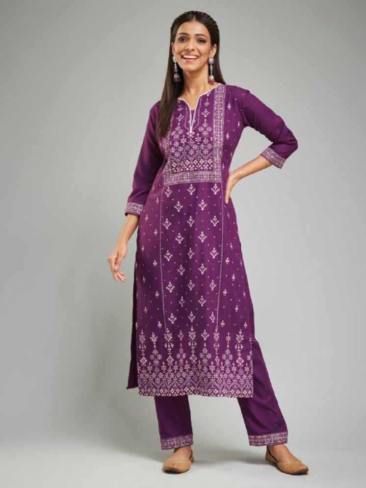     			Lady Shopi Chanderi Printed Kurti With Pants Women's Stitched Salwar Suit - Purple ( Pack of 1 )