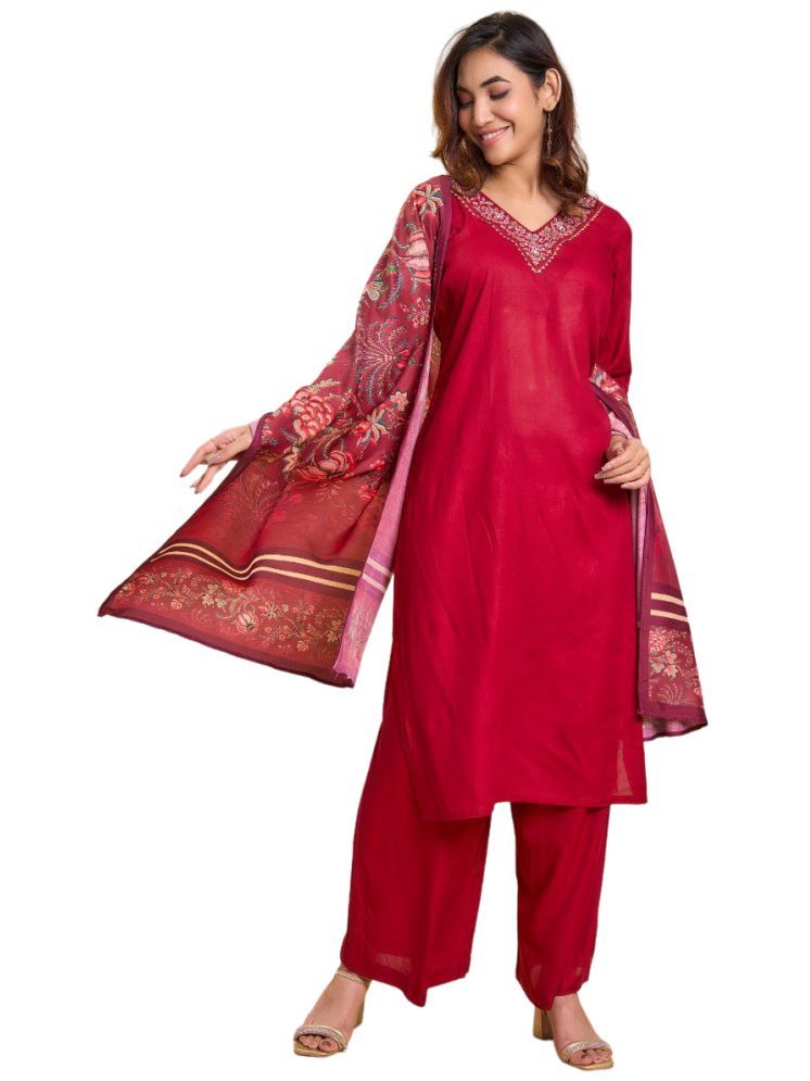     			A TO Z CART Rayon Embroidered Kurti With Pants Women's Stitched Salwar Suit - Red ( Pack of 1 )