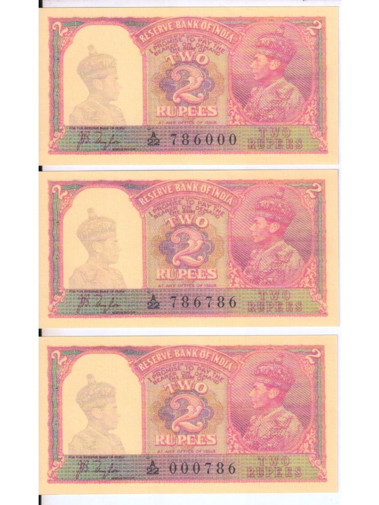     			Extreme Rare 2 Rupee British India 786786 , 000786 and 786000 UNC 3 Notes Set Signed By J B Taylor