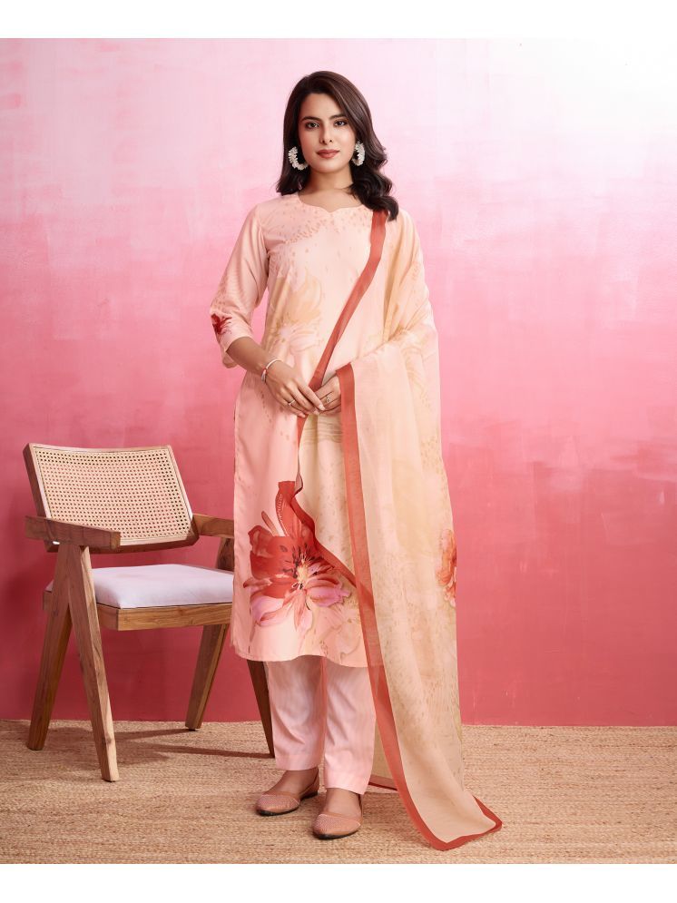     			MOJILAA Silk Blend Printed Kurti With Pants Women's Stitched Salwar Suit - Peach ( Pack of 1 )