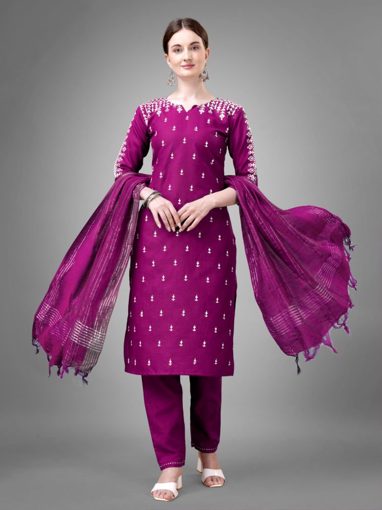     			SILK SUTRA Cotton Blend Embroidered Kurti With Pants Women's Stitched Salwar Suit - Purple ( Pack of 1 )