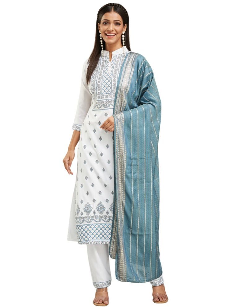     			Aika Chanderi Printed Kurti With Pants Women's Stitched Salwar Suit - White ( Pack of 1 )