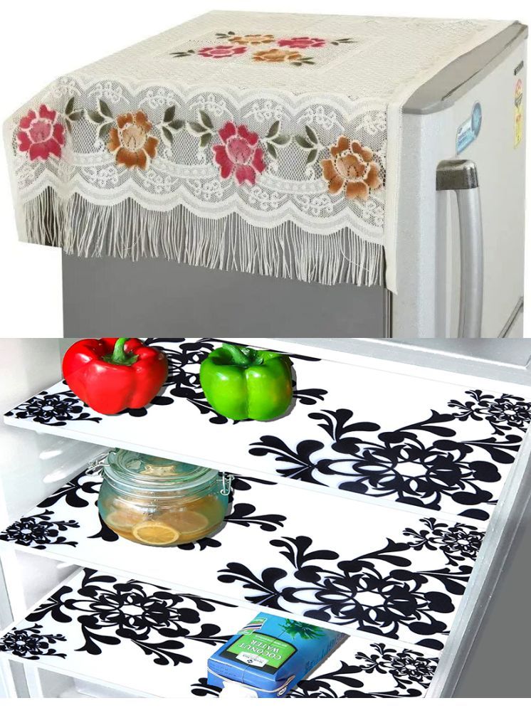     			Crosmo Polyester Floral Printed Fridge Mat & Cover ( 99 53 ) Pack of 4 - Multicolor