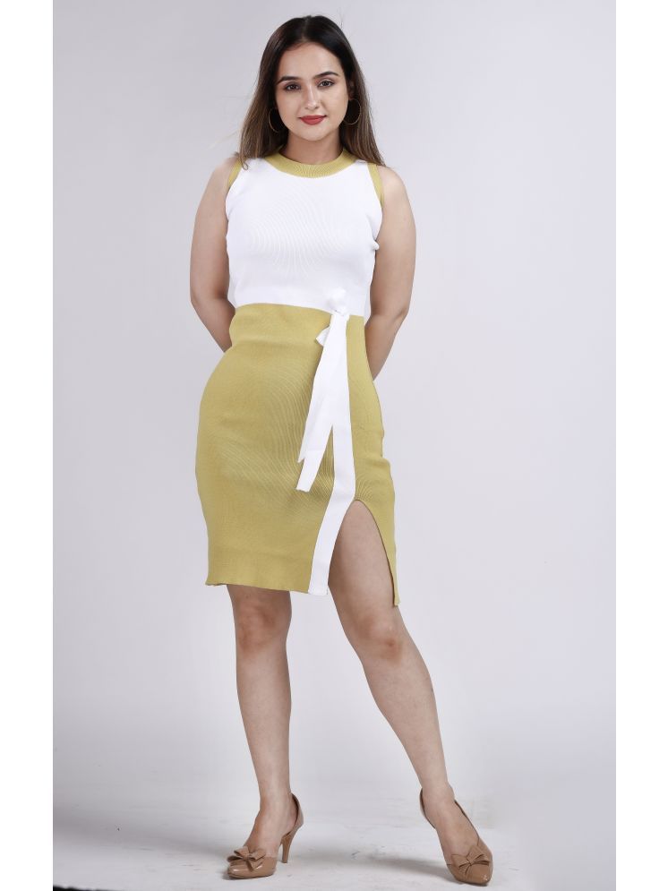     			FEVERFEW Cotton Colorblock Above Knee Women's Side Slit Dress - Gold ( Pack of 1 )