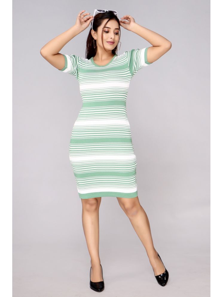     			FEVERFEW Cotton Striped Above Knee Women's Bodycon Dress - Green ( Pack of 1 )