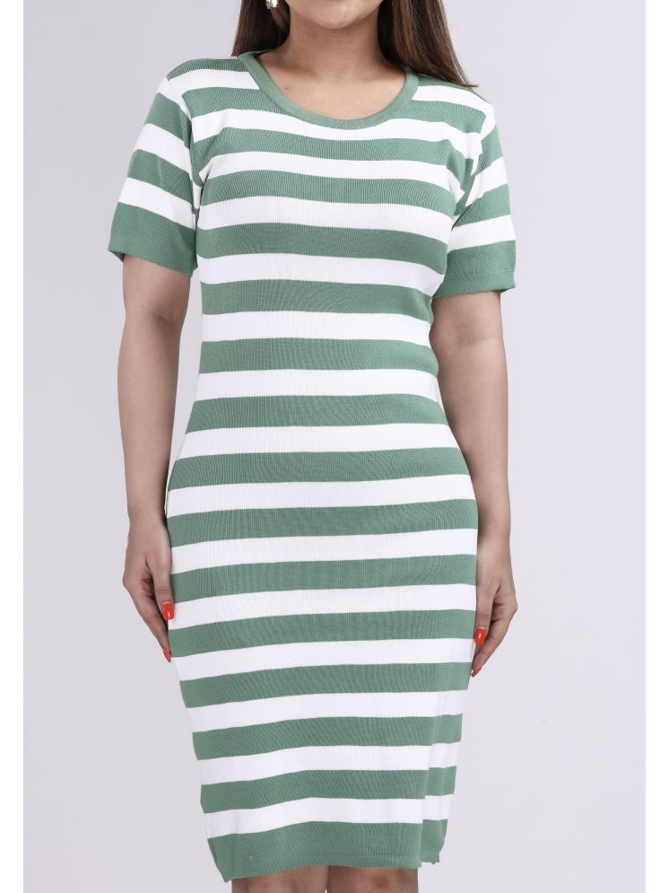     			FEVERFEW Cotton Striped Above Knee Women's Bodycon Dress - Green ( Pack of 1 )