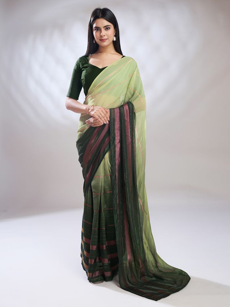     			Rekha Maniyar Satin Striped Saree With Blouse Piece - Green ( Pack of 1 )