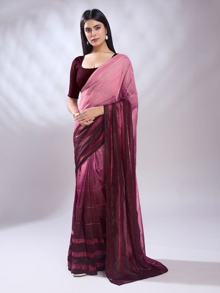     			Rekha Maniyar Satin Striped Saree With Blouse Piece - Pink ( Pack of 1 )