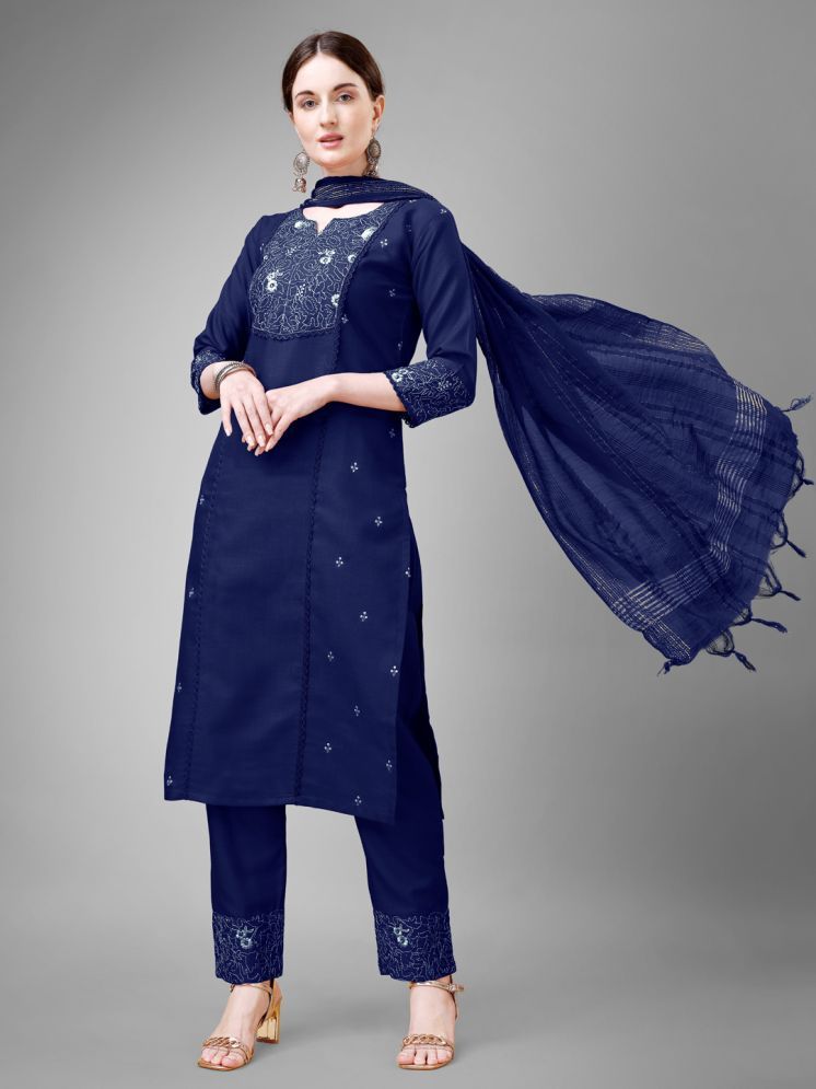     			SILK SUTRA Cotton Blend Embroidered Kurti With Pants Women's Stitched Salwar Suit - Navy Blue ( Pack of 1 )